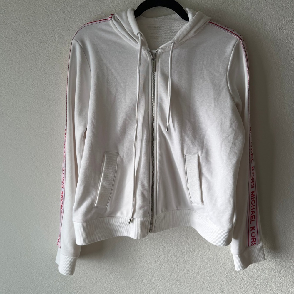 Michael Michael Kors Womens White Red Logo Tape Zip Up Hoodie Sweatshirt Large